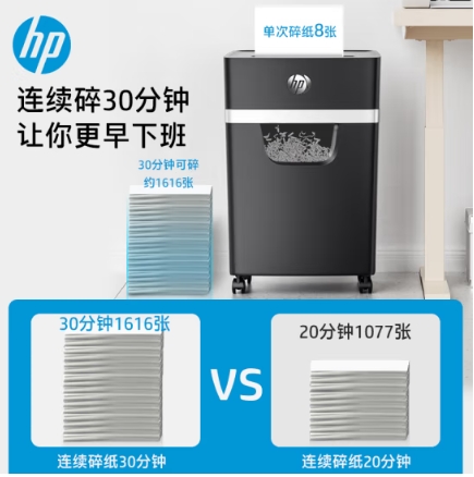 HP惠普 5级保密多功能专业商用办公碎纸机(连续碎30分钟 单次8张 20L 可碎卡/订书钉)黑金款B2008MC